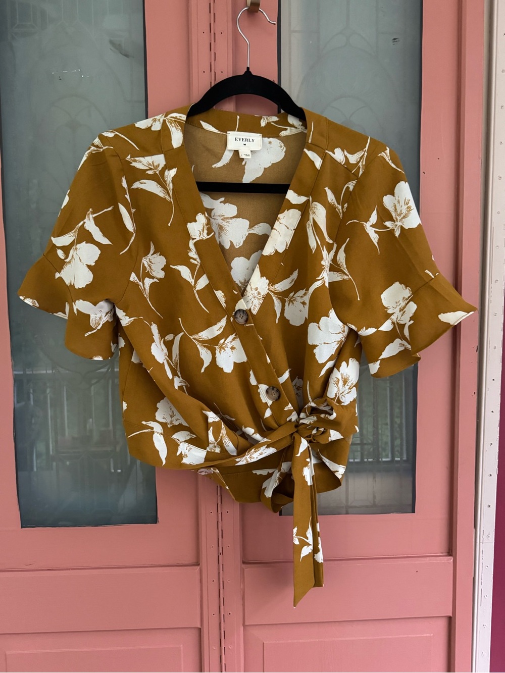 Everly Mustard Floral Tie-Waist Cropped Blouse